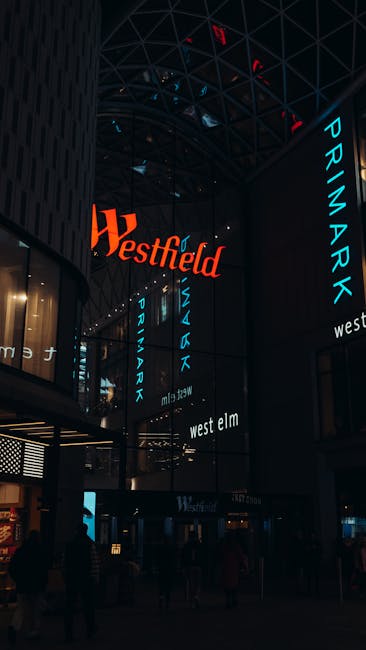 Interior view of a modern shopping mall with a high, curved glass ceiling allowing natural light to illuminate the space. The wide walkway is lined with various retail storefronts, some displaying man